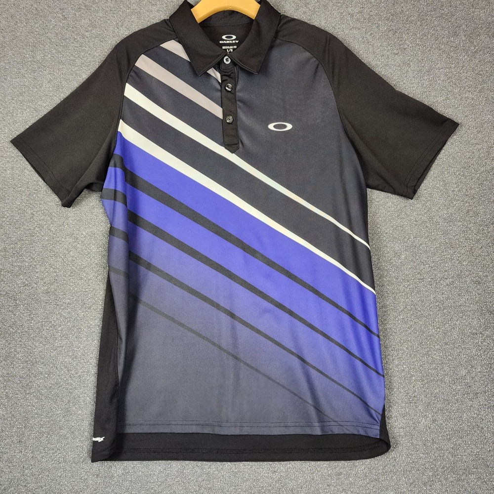 Oakley Mens Hydrolix Polo Shirt Regular Fit Large Black Blue Diagonal Stripe